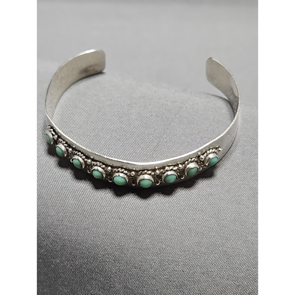 Sterling Petit Point Turquoise Cuff Bracelet 3/8" Vintage Signed MS 925 Mexico - Picture 3 of 8